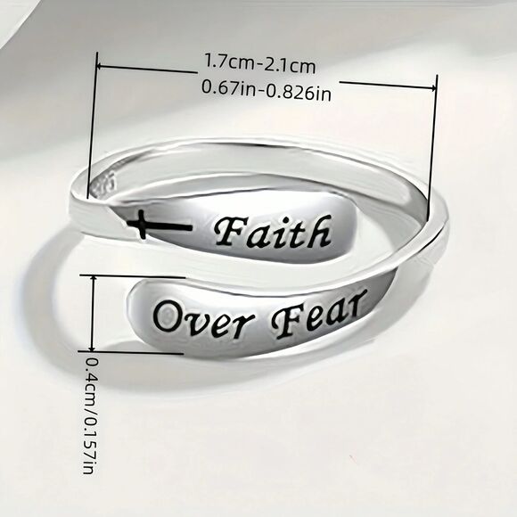 Faith over Fear 925 Silver Open Ring Adjstble Engraved Religious Spiritual Cross - Picture 4 of 5